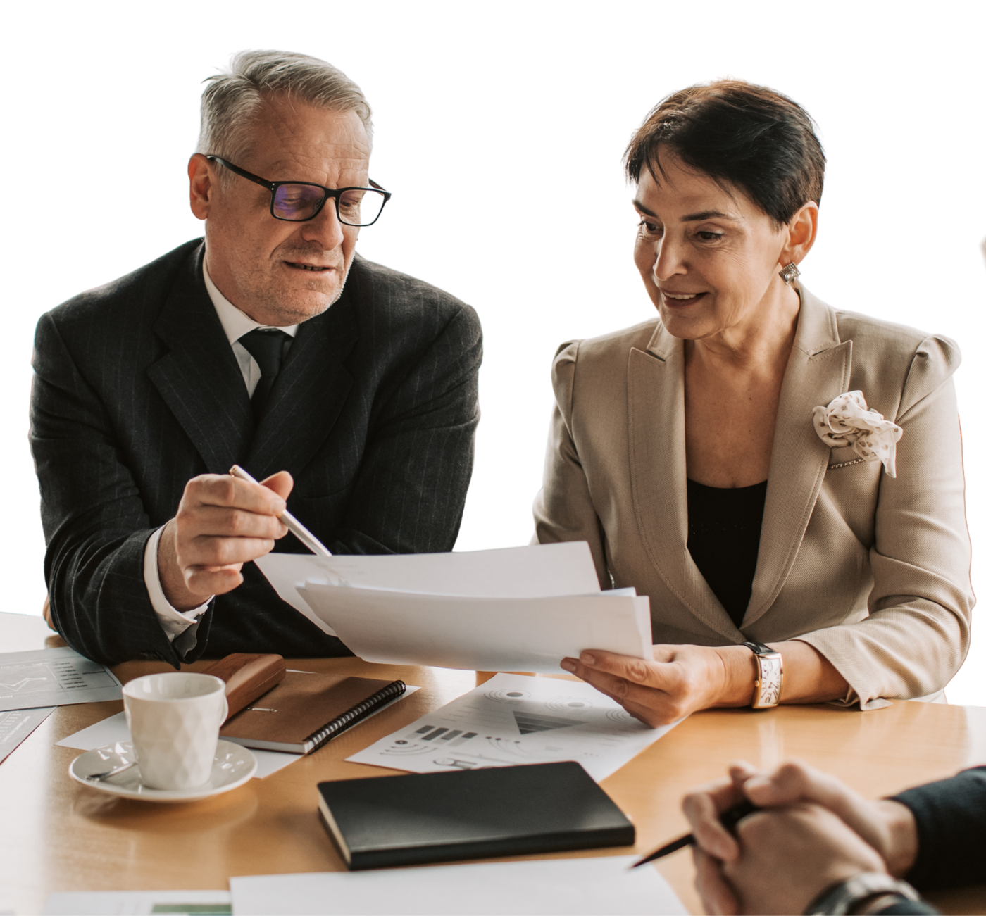 Wealth management team reviewing client portfolio reports