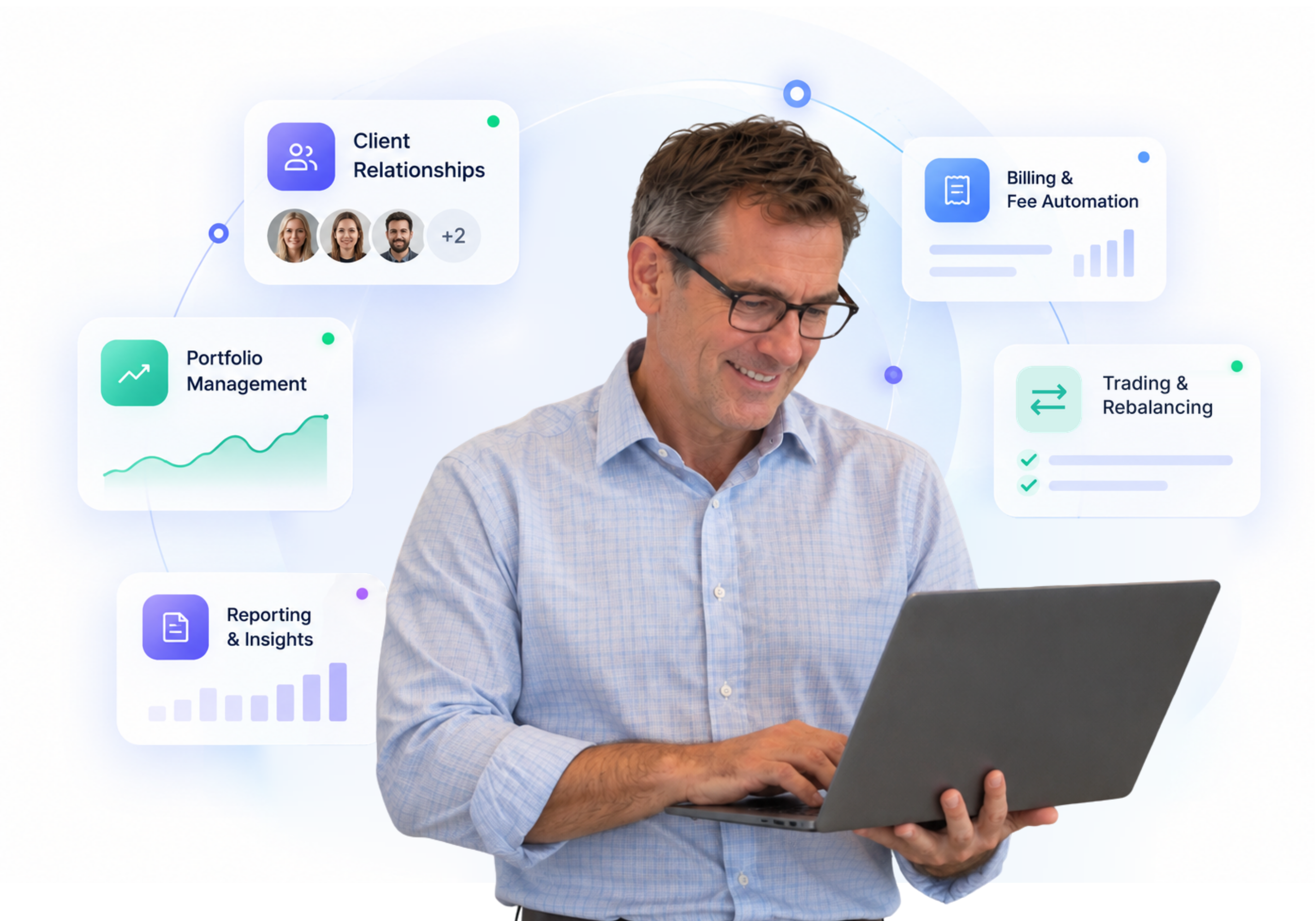 Advisor using Pano with connected client relationships, portfolio management, reporting, billing and trading tools