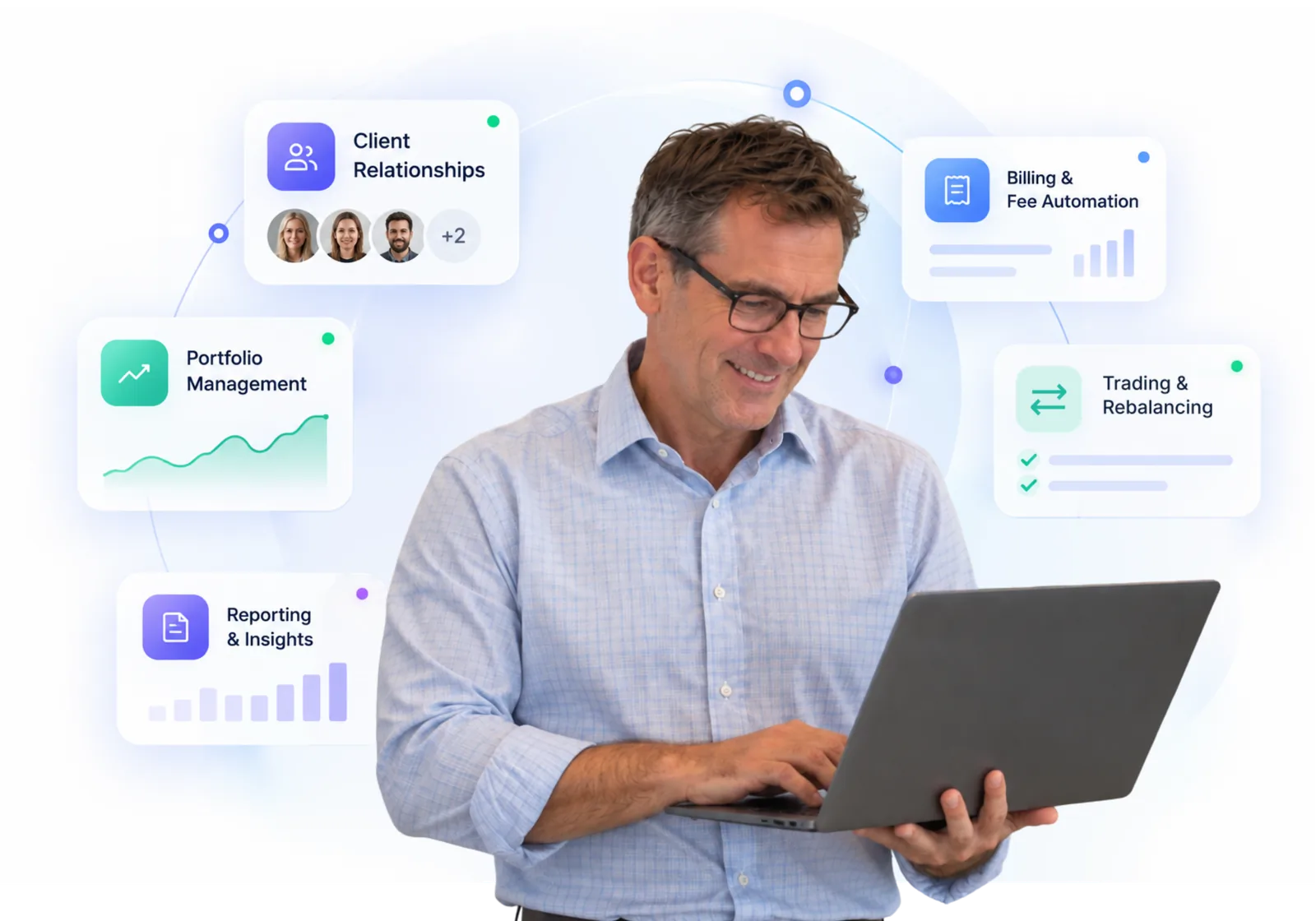Advisor using Pano with connected client relationships, portfolio management, reporting, billing and trading tools